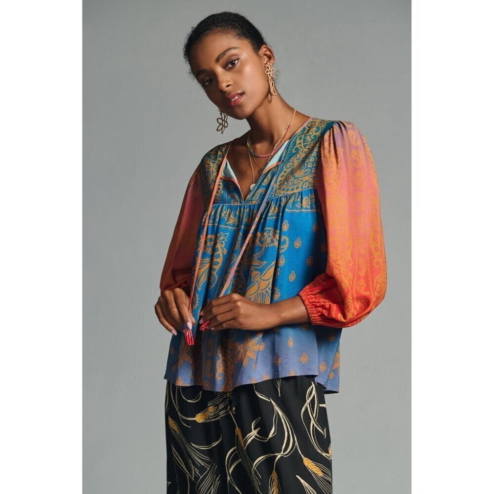 Anthropologie Farm Rio Puff-Sleeve Blouse Beaded Tassels Size M NWT - Picture 3 of 8